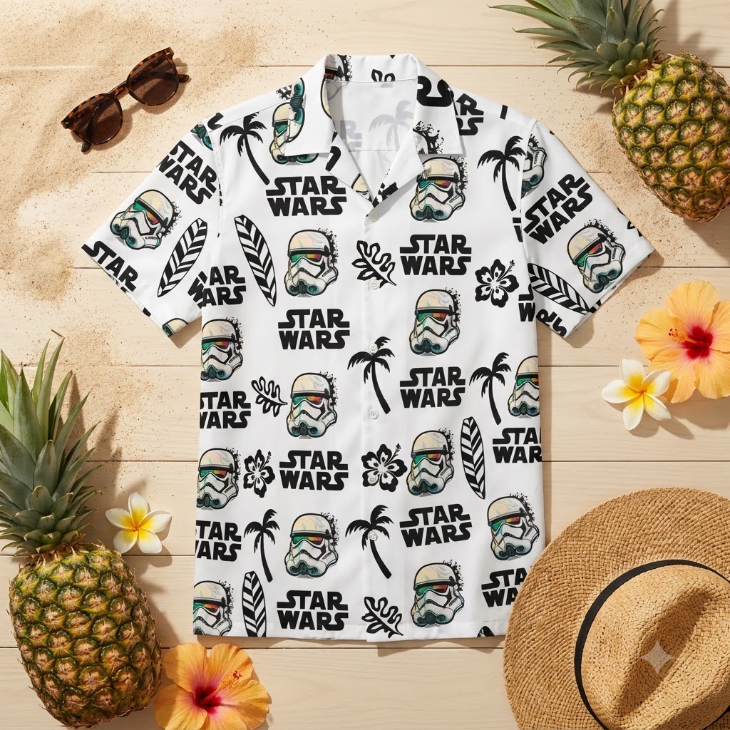 Star Wars Hawaiian shirt collection featuring Darth Vader, Grogu, and Millennium Falcon tropical designs